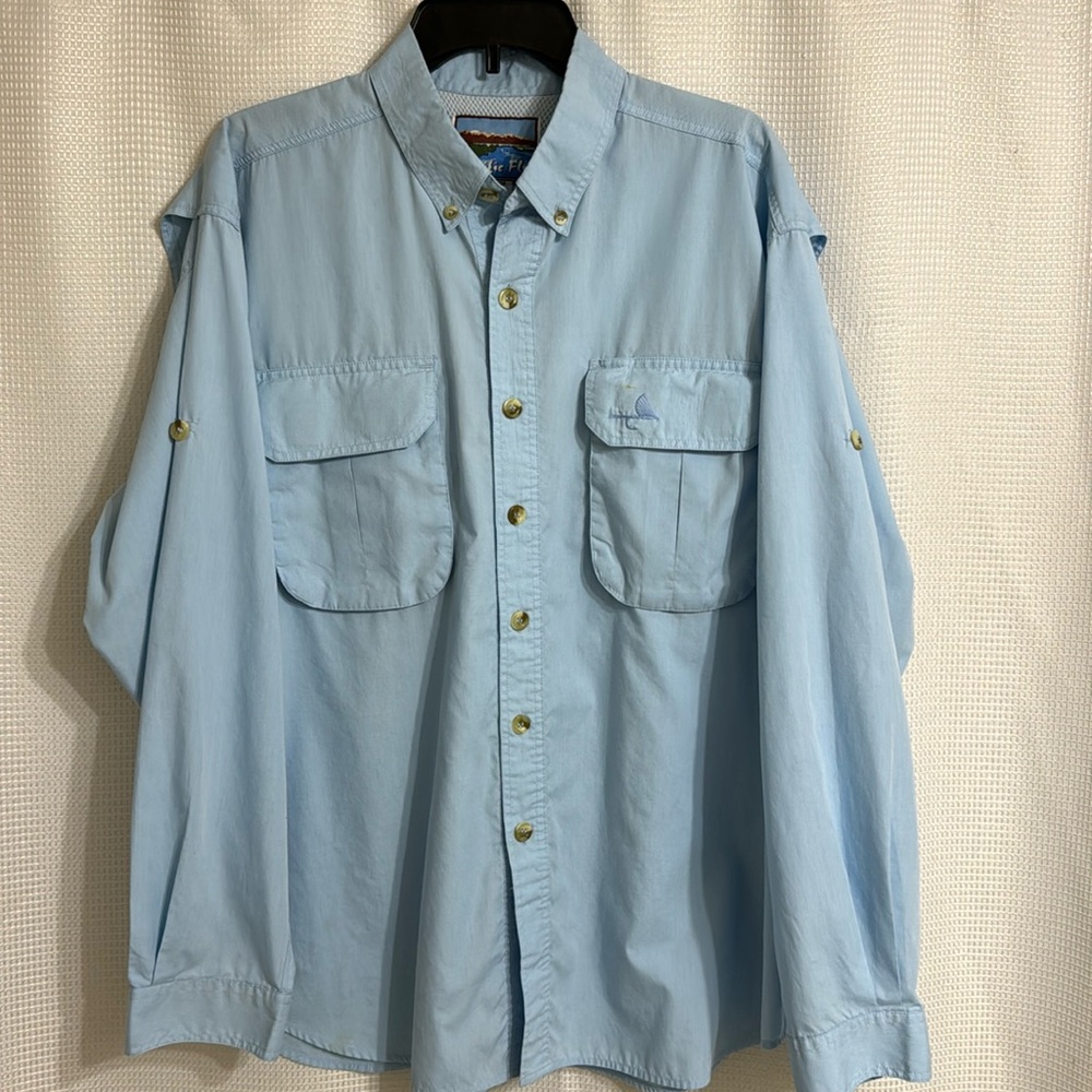 Mens long sleeve, tab rollup Pacific Fly fishing, button up shirt.